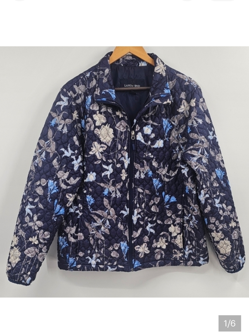 Floral Quilted Jacket Lands' End Blue White Size XL